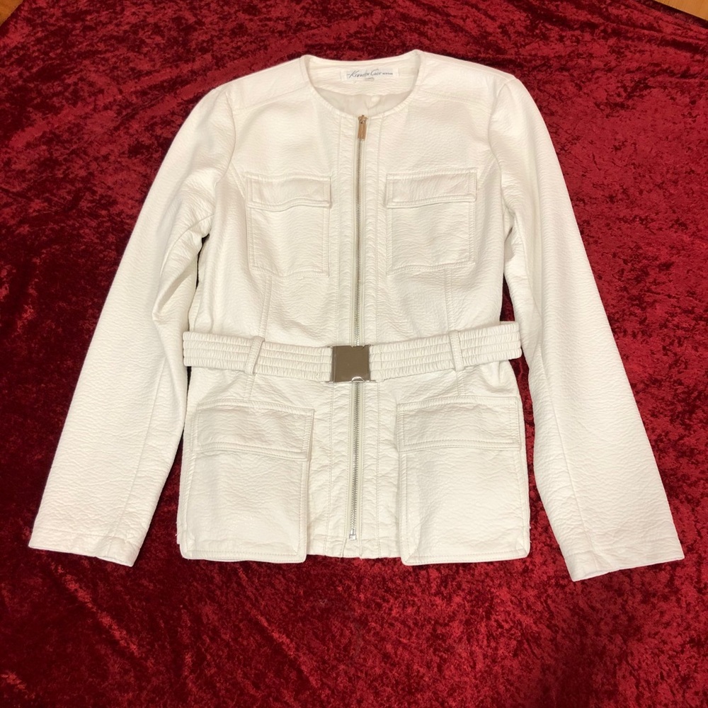 Kenneth Cole Winter White Faux Leather Long Sleeve Belted Jacket Size Medium